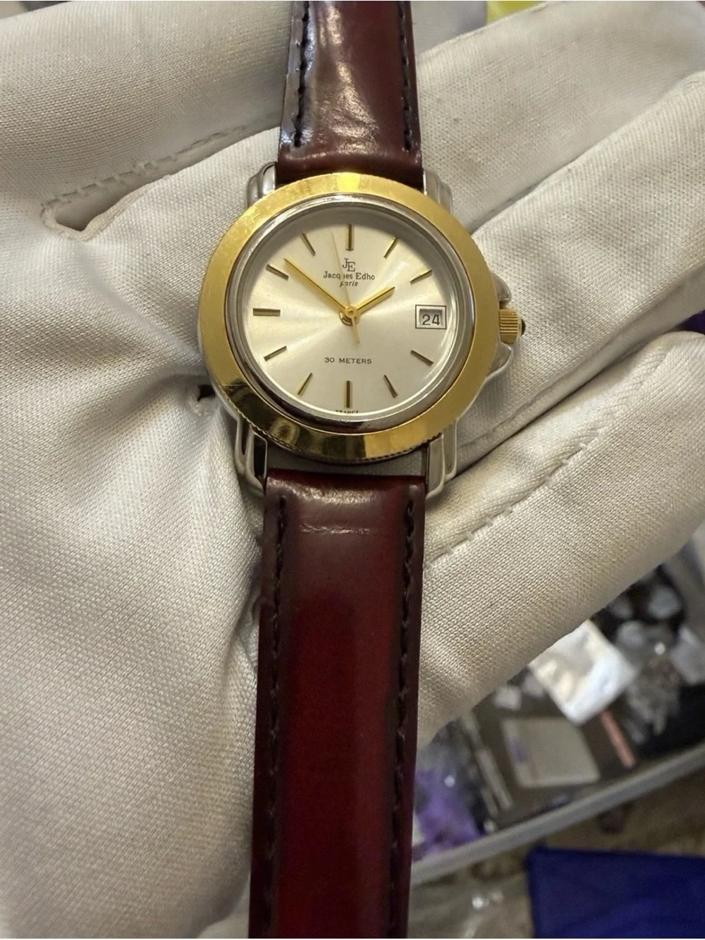 Vintage Jacques Edho Paris 30mm Two Tone Quartz Date Watch 18K Gold Plated JE790